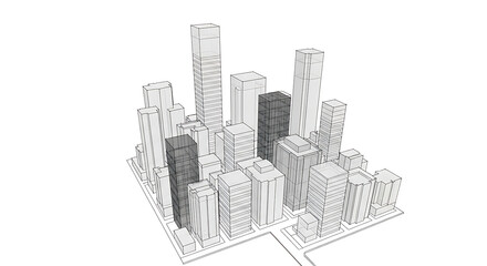 Naklejka premium Intricate architectural sketch of a fantasy city skyline with towering detailed buildings and ancient stone structures against a white background