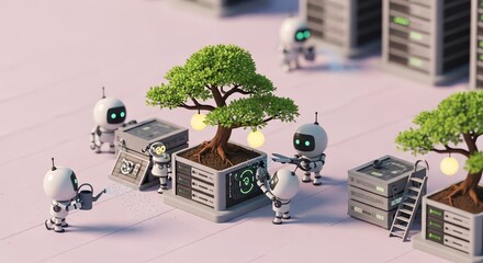 Cute Robots Maintaining Bonsai Servers Sustainable Technology IT Team