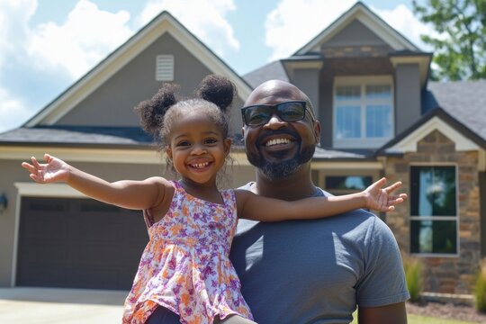 Happy family stands outdoors daughter father.