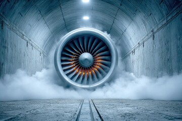 Massive jet engine in testing tunnel with steam