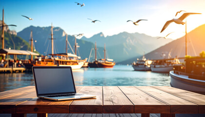 Laptop on dock overlooking sailboats and mountains at sunny coastal harbor