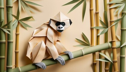 a delicate origami gibbon gracefully perched against a soothing bamboo beige backdrop