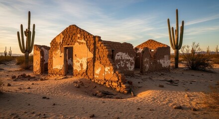 Desert Ruins at Sunset: Arizona Landscape with Cacti and Old Adobe Building