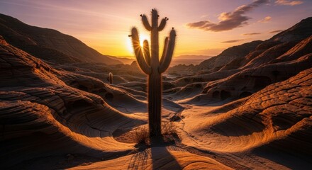 Saguaro Cactus Silhouette at Sunset in Desert Landscape