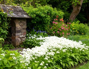 Fototapeta premium Garden with stone structure and white flowers