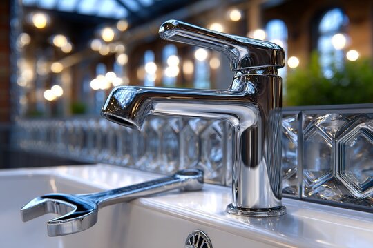 Grifo cromado en el lavabo del ba&ntilde;o con herramientas al lado en un ambiente iluminado