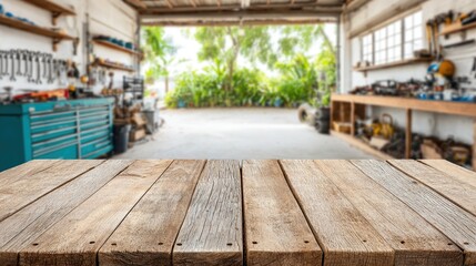 Empty wooden table in front of blurred workshop