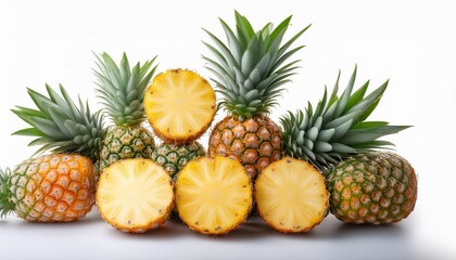 fresh pineapples with green tops on white background for use isolated on transparent white background