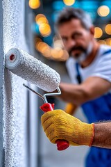 Aplicaci&oacute;n de pintura fresca con rodillo en un espacio bien iluminado, con enfoque en la t&eacute;cnica profesional del pintor