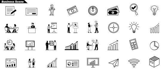 Business meeting and office work icons in outline style people