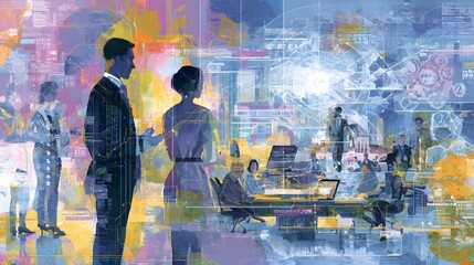Advanced digital illustration of a modern business environment highlighting enhanced customer experience and effective retention strategies with dynamic interactions and futuristic interfaces.