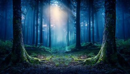 enchanting dark forest illuminated by glowing lights creating an otherworldly atmosphere inviting exploration and wonder in a mystical wilderness
