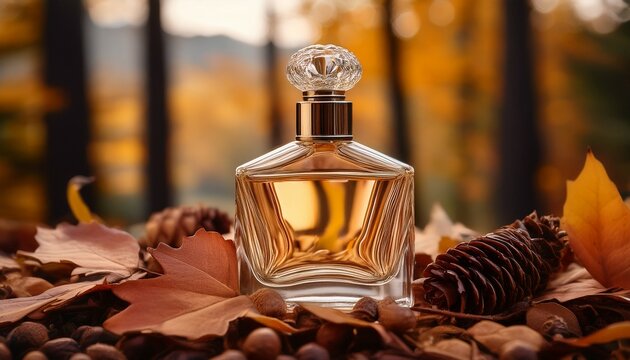 glass perfume bottle resting on autumn leaves and pine cones in a natural setting