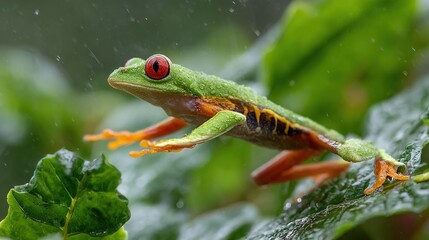   Frog on leaf with raindrop and red eye
