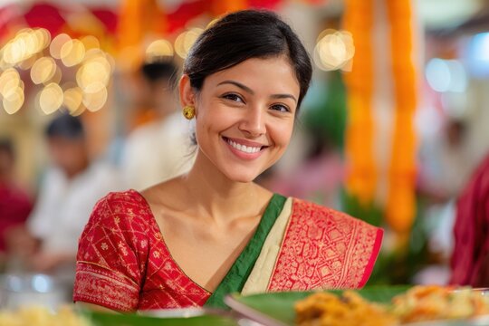 Young Indian woman wearing traditional nauvari saree smiling during a wedding party