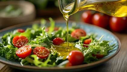 Hand pours bright yellow dressing onto fresh salad with crisp lettuce, juicy tomatoes. Light meal preparation focuses on healthy, organic ingredients
