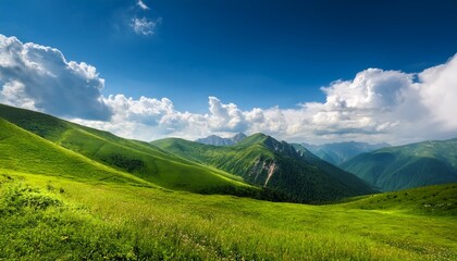 Obraz premium lush green hills under a bright blue sky with fluffy clouds in a serene mountain landscape