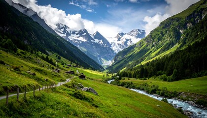 Obraz premium Alpine valley with snow-capped peaks