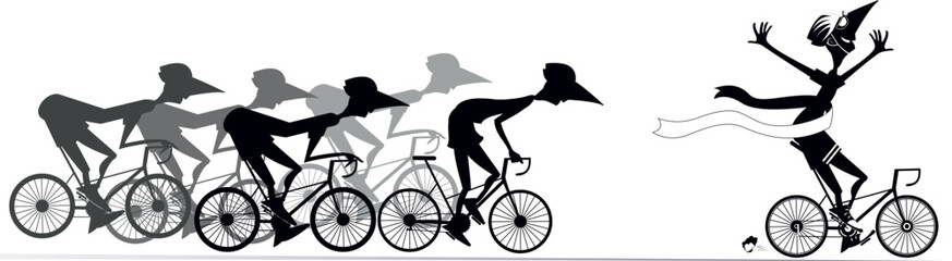 Cycling race. Cyclists in competition. 
Winner. Cyclist finishing with a winner ribbon. Black and white illustration
