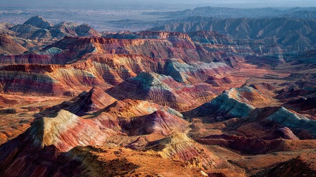   A breathtaking aerial view of a layered mountain range with vibrant rock formations and a picturesque valley in the background, featuring majestic distant mountains