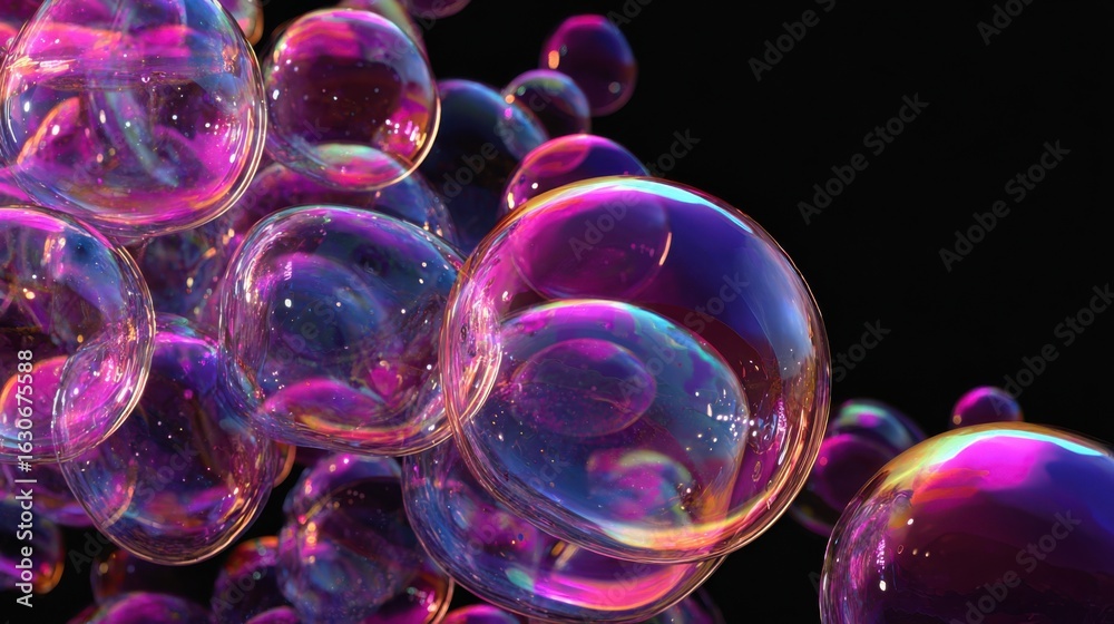 Sticker iridescent bubbles floating dark background
