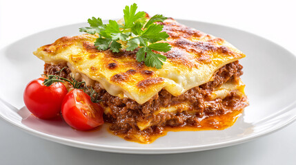 Slice of lasagna with parsley and cherry tomatoes