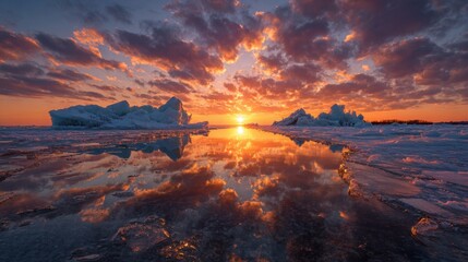 Dramatic arctic sunset illuminates icebergs reflected in calm water