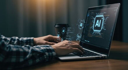 Person working on laptop at night with AI concept displayed