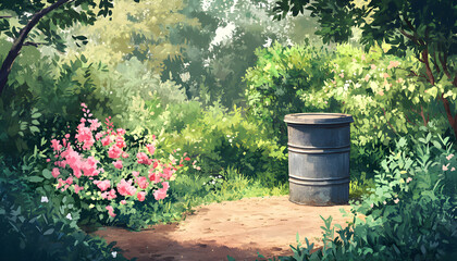 Obraz premium Watercolor illustration grey compost bin nestled beside green foliage, pink wildflowers