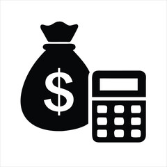 A clean vector icon of a budget. A dark blue money bag with a light blue dollar sign next to a light blue calculator. Minimalist style, white background.