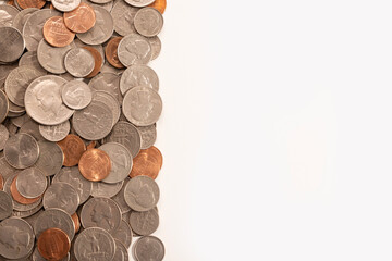 Pile of Golden coin, silver coin, copper coin, quarters, nickels, dimes, pennies, fifty cent piece and dollar coins. Various USA coins, American coins for business, money, financial coins and economy