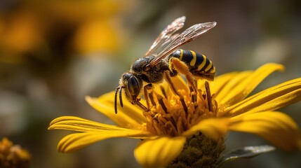 A bee on a flower with other bees in the background and yellow flowers in the background