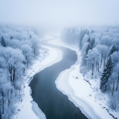A winding river meanders through a frosty winter forest.