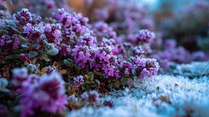   Small purple flowers on snow-covered ground, framed by blue sky