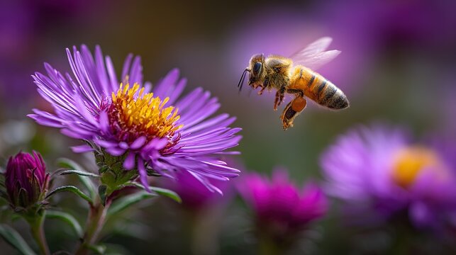 A bee flying over a purple flower with a yellow bee on its back and a purple flower in the foreground