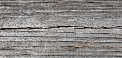 A close-up of weathered wood with faded gray tones, fine grain lines, and a deep horizontal crack. The rough, aged surface creates a rustic, organic wooden texture background