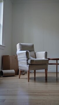 An empty room is seen with a wrapped chair and a small table nearby. Packing materials are scattered around, indicating moving day activities. The atmosphere is quiet and organized.