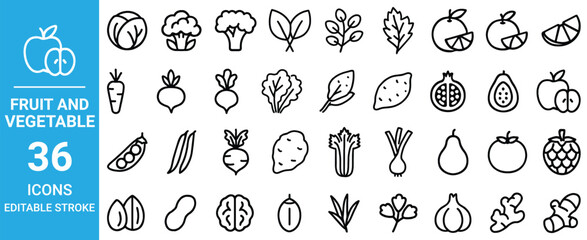 Minimal Line Icons of Fruits and Vegetables – Editable Stroke Food Vector Set