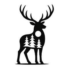 Deer Silhouette with Forest and Moon Scene – Wilderness Animal Double Exposure Vector