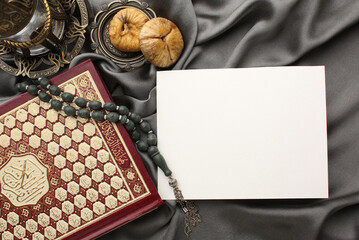 Quran Book Ramadan. Lantern for Muslim holy month Ramazan Kareem. Decorative Holiday lamp, Prayer Mat Islamic rug for Namaz. Symbol of fasting sawm, prayer salah. white postcard for your text