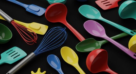 Colorful kitchen utensils on a black background