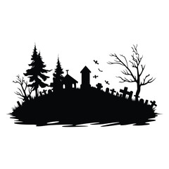 Fototapeta premium Vector art of spooky halloween cemetery silhouette with trees and tombstones