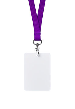 Blank name tag mockup with vibrant purple lanyard perfect for professional branding identity events