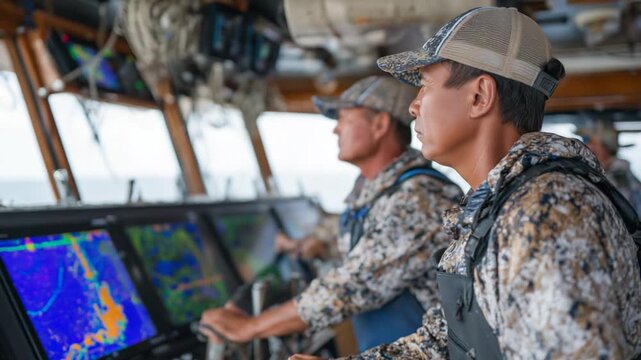 Eco-conscious fishermen utilize advanced nets and digital screens to minimize bycatch and monitor sustainable catches.