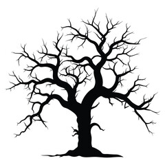 Vector art of silhouette of a bare, gnarled tree isolated on white background