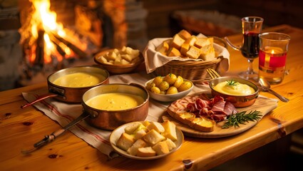 Fototapeta premium Rustic Cheese Fondue Night