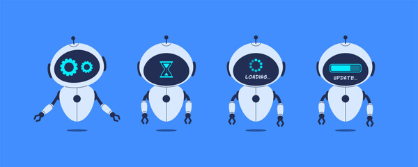 Set of Robots for AI process, chatbot delay, system update. Vector illustration symbolizing waiting, loading, settings