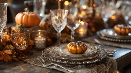 Naklejka premium Elegant table setting with pumpkins, glassware and candles. Warm, inviting and festive mood.