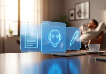 AI powered holographic interface with document and pen icons for future home office