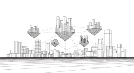 Futuristic cityscape with floating islands and abstract architectural designs in a minimalist black and white illustration style